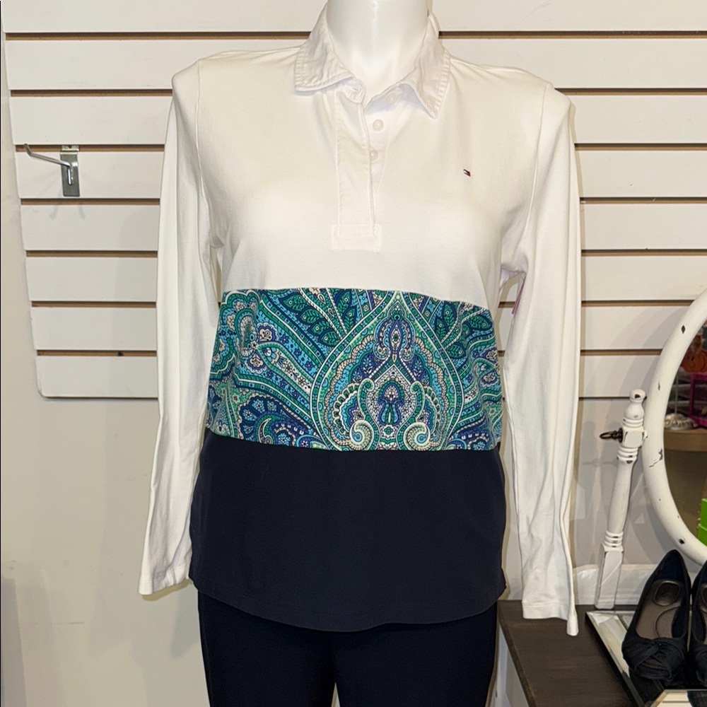 Tommy Hilfiger Women's White and Navy Paisley Long Sleeve Top - Picture 1 of 6